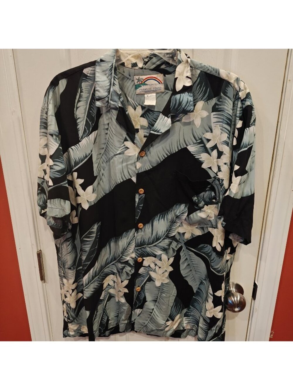 Paradise Found Hawaiian Shirt Mens L Black Palm Floral Aloha Hawaii Tropical